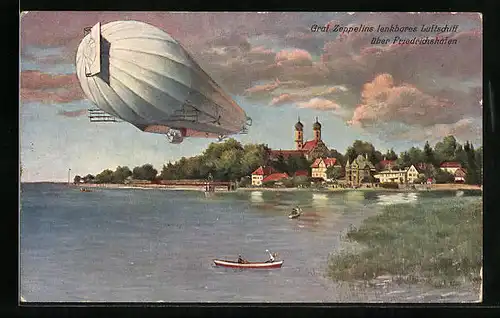 Künstler-AK Friedrichshafen a. B., Graf Zeppelins lenkbares Luftschiff über dem Bodensee
