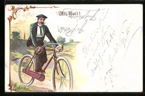 Lithographie All Heil!, Herr in Knickerbocker auf seinem Fahrrad