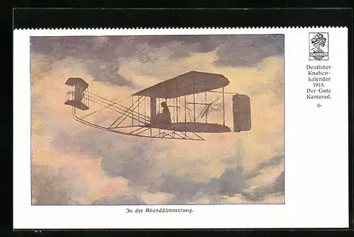 Künstler-AK In der Abenddämmerung, eines der ersten Flugzeuge im Flug