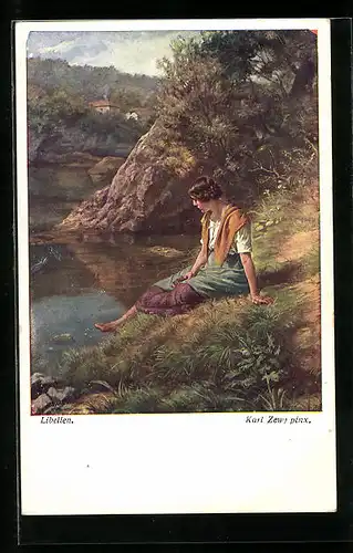 Künstler-AK Carl Zewy: Frau am Ufer mit Libellen