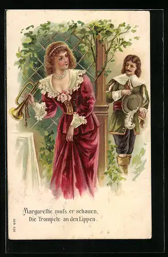 Präge-AK Behüt Dich Gott!, Margarete muss er schauen, Die Trompete an den Lippen