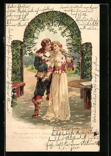 Glitzer-AK Überraschung, Margarete muss er schauen, Die Trompete an den Lippen