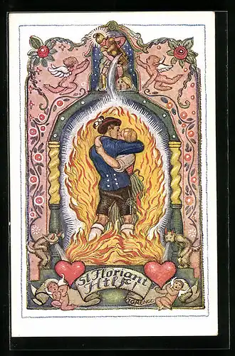 AK Schutzpatron St. Floriani, Liebespaar in Flammen