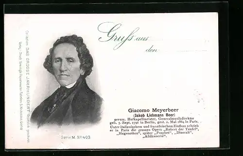 AK Giacomo Meyerbeer, Preussischer Hofkapellmeister, Generalmusikdirektor, 1791-1864