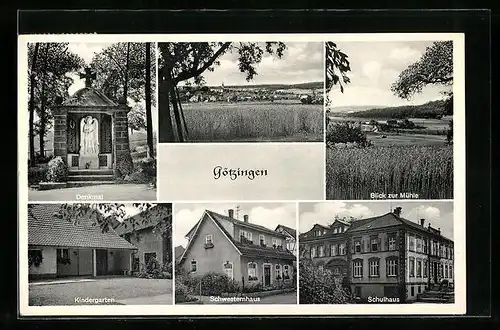 AK Götzingen, Denkmal, Gesamtansicht, Blick zur Mühle, Schulhaus