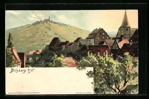 Lithographie Dilsberg a. N., Teilansicht mit Burgberg
