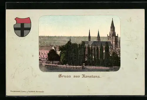 Präge-AK Konstanz, Kirche, Uferpartie, Wappen