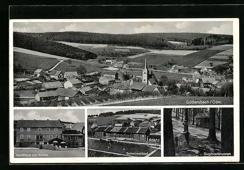 AK Güttersbach /Odw., Gasthaus zur Krone, Teilansicht, Schwimmbad, Siegfriedbrunnen