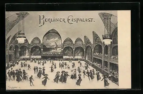 Künstler-AK Berlin, Schlittschuhläufer im Eispalast