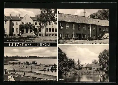 AK Gützkow, Schule, Feierabendheim, Partie im Park, Bad am Kosenower See