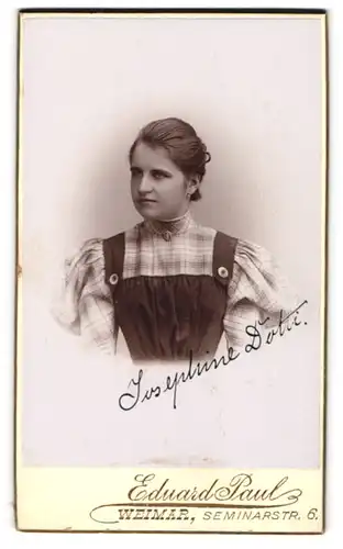 Fotografie Eduard Paul, Weimar, Siminarstr. 6, Junge Frau mit hochgestecktem Haar im karierten Hemd und schwarzen Kleid