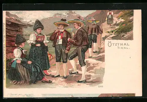 Lithographie Tiroler aus dem Ötzthal in Trachten