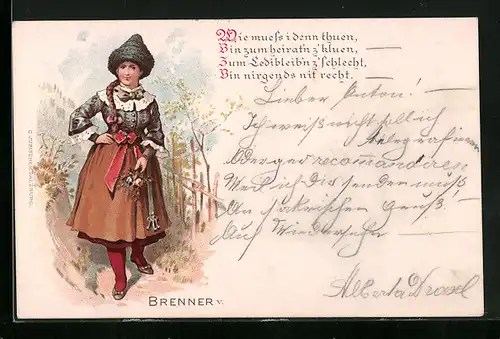 Lithographie Junge Frau in Tracht aus der Brenner-Region