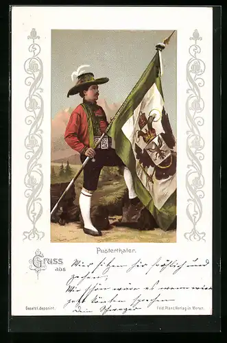 AK Pusterthaler in Tracht mit Fahne