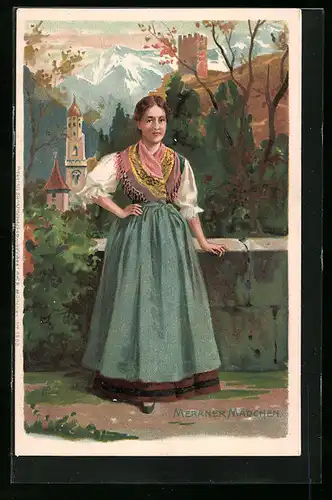 Lithographie Hübsches Meraner Mädchen in Tracht