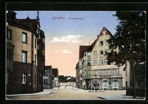 AK Landau, Kirchstrasse mit Café-Konditorei