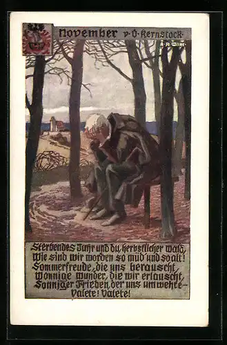 Künstler-AK Karl Alex Wilke: November, Mann in Trauer auf einer Bank sitzend