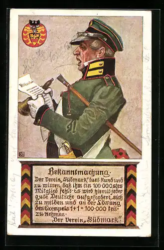 Künstler-AK Karl Alex Wilke: Bekanntmachung, Suche nach dem 100.000 sten Mitglied Verein Südmark