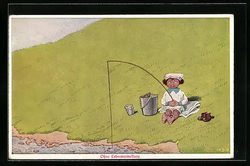 Künstler-AK H.S.B.: Ohne Lebensmittelkarte, Angelnder Junge