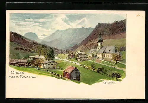 Künstler-AK Heinrich Deuchert: Ramsau, Totale mit Kirche