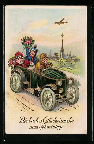 Präge-AK Geburtstagsgrüsse, Kinder bei einer Fahrt mit einem rezenten Automobil