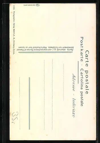 Künstler-AK Flüelen, Ortsansicht mit Gotthardbahn und Bergpanorama