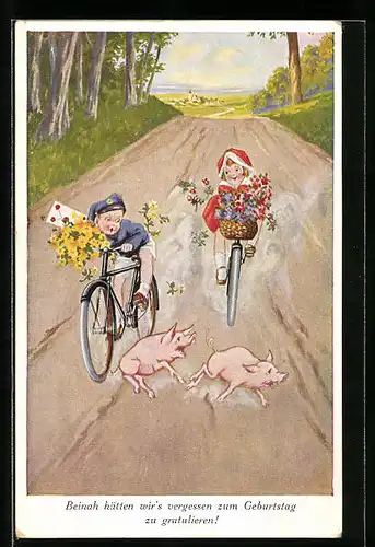 Künstler-AK Beinah hätten wir`s vergessen zum Geburtstag zu gratulieren!, Kinder auf Fahrrädern