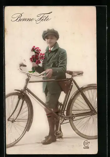 AK Bonne Fête, Junge mit Fahrrad und Blumen