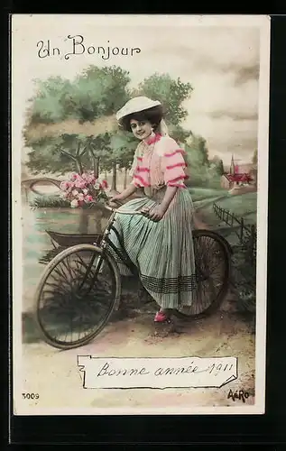 AK Un Bonjour, Bonne Année 1911, Dame mit Blumen auf Fahrrad