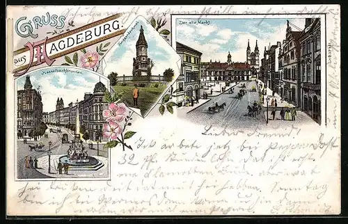 Lithographie Magdeburg, Der alte Markt, Kriegerdenkmal, Hasselbachbrunnen