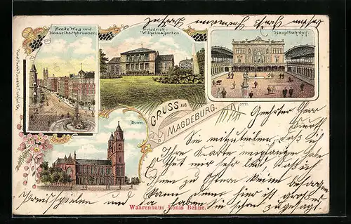 Lithographie Magdeburg, Breite Weg und Hasselbachbrunnen, Hauptbahnhof, Dom