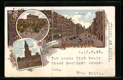 Lithographie Magdeburg, Breiter Weg, Stadt-Theater und Kriegerdenkmal