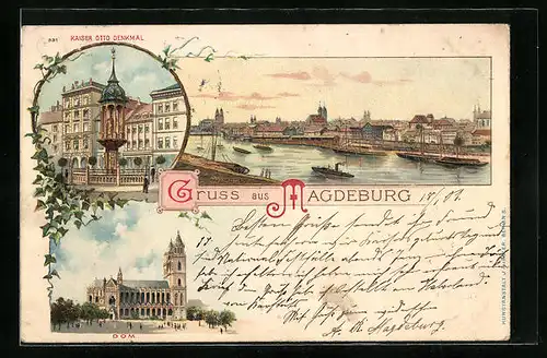 Lithographie Magdeburg, Kaiser Otto Denkmal, Dom