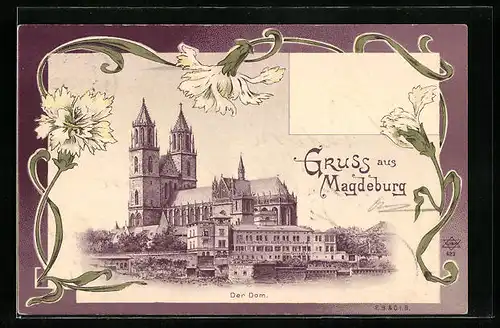 AK Magdeburg, Der Dom mit einer Blumenranke verziert