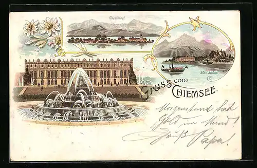 Lithographie Fraueninsel, Gruss vom Chiemsee, Altes Schloss
