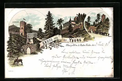 Lithographie Yburg b. Baden-Baden, Gruss von der Burg mit dem Grossherzog Friedrichsthurm