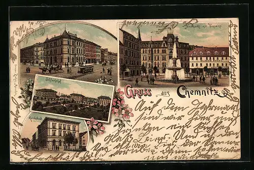 Lithographie Chemnitz, Neumarkt mit Fontaine, Schlachthof, Börse