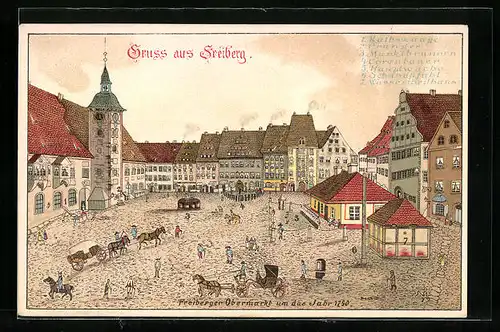 Lithographie Freiberg, Obermarkt um das Jahr 1790