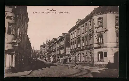 AK Freiberg, Post- und Erbische Strasse mit Geschäften