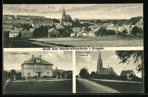 AK Niederwürschnitz i. Erzgeb., Totalansicht, Ortskrankenhaus und Kirche mit Pfarrhaus