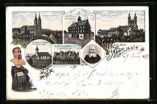 Lithographie Staffelberg, Schloss Banz, Vierzehnheiligen, Rathaus zu Staffelstein