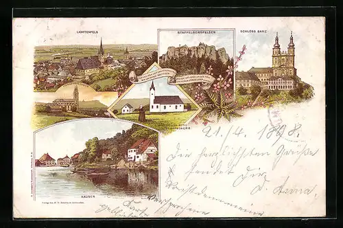 Lithographie Staffelstein, Schloss Banz, Lichtenfels mit Kirche, Flusspartie in Hausen