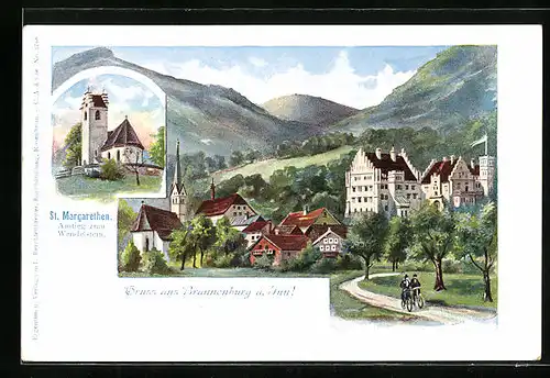 Lithographie Brannenburg am Inn, St. Margarethen, Gesamtansicht