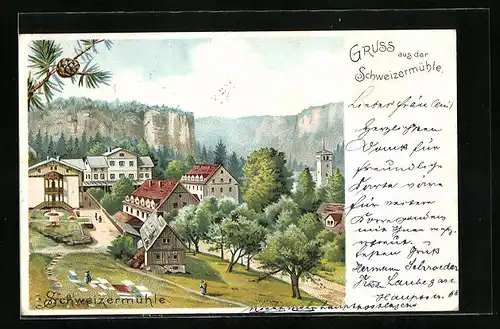 Lithographie Schweizermühle, Gesamtansicht des Ortes