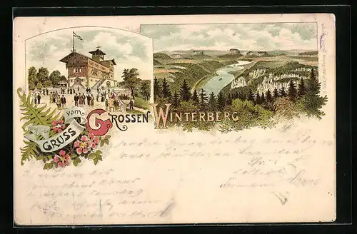 Vorläufer-Lithographie Winterberg, 1895, Hotel auf dem grossen Winterberg, Gesamtansicht