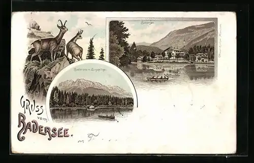 Vorläufer-Lithographie Badersee, Totalansicht, Badersee mit Zugspitze, 1895