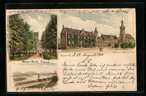 Lithographie Riesa a / E., Rathaus und Klosterkirche, Elbbrücke, Ortspartie