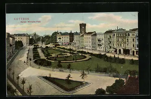 AK Cottbus, Kaiser-Wilhelm-Platz mit Strassen aus der Vogelschau