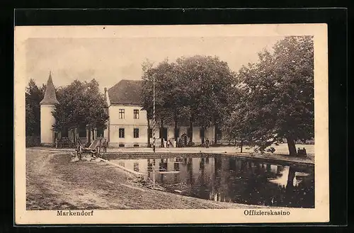 AK Markendorf, Offizierskasino mit Teich und Turm