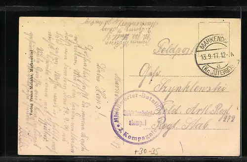 AK Markendorf, Offizierskasino mit Teich und Turm